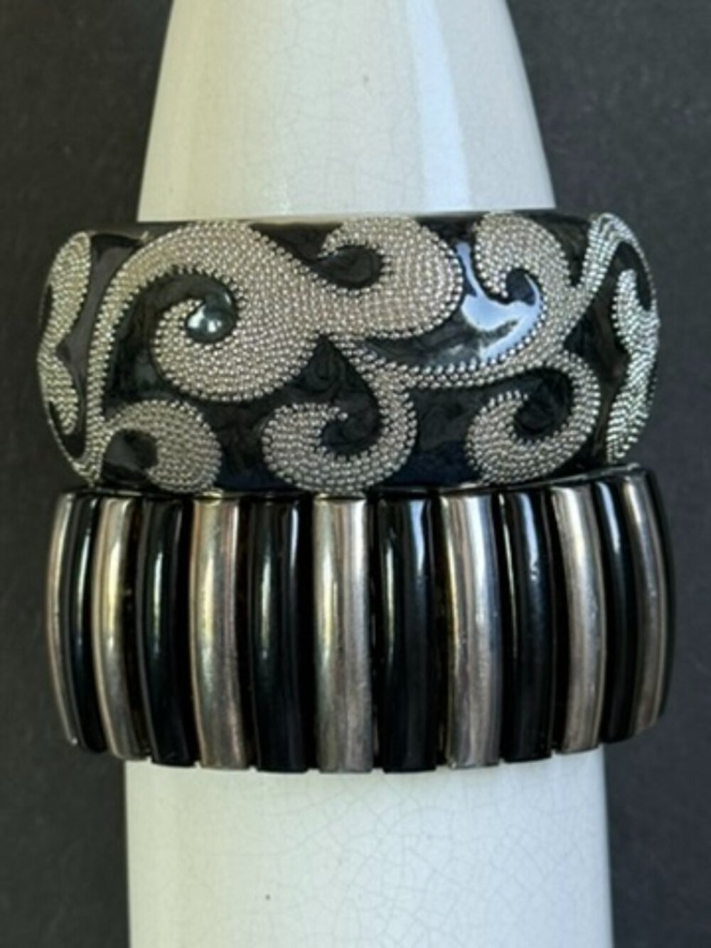 TWO Wide, Chunky Black & Silver Hinged and Expansion Bracelets